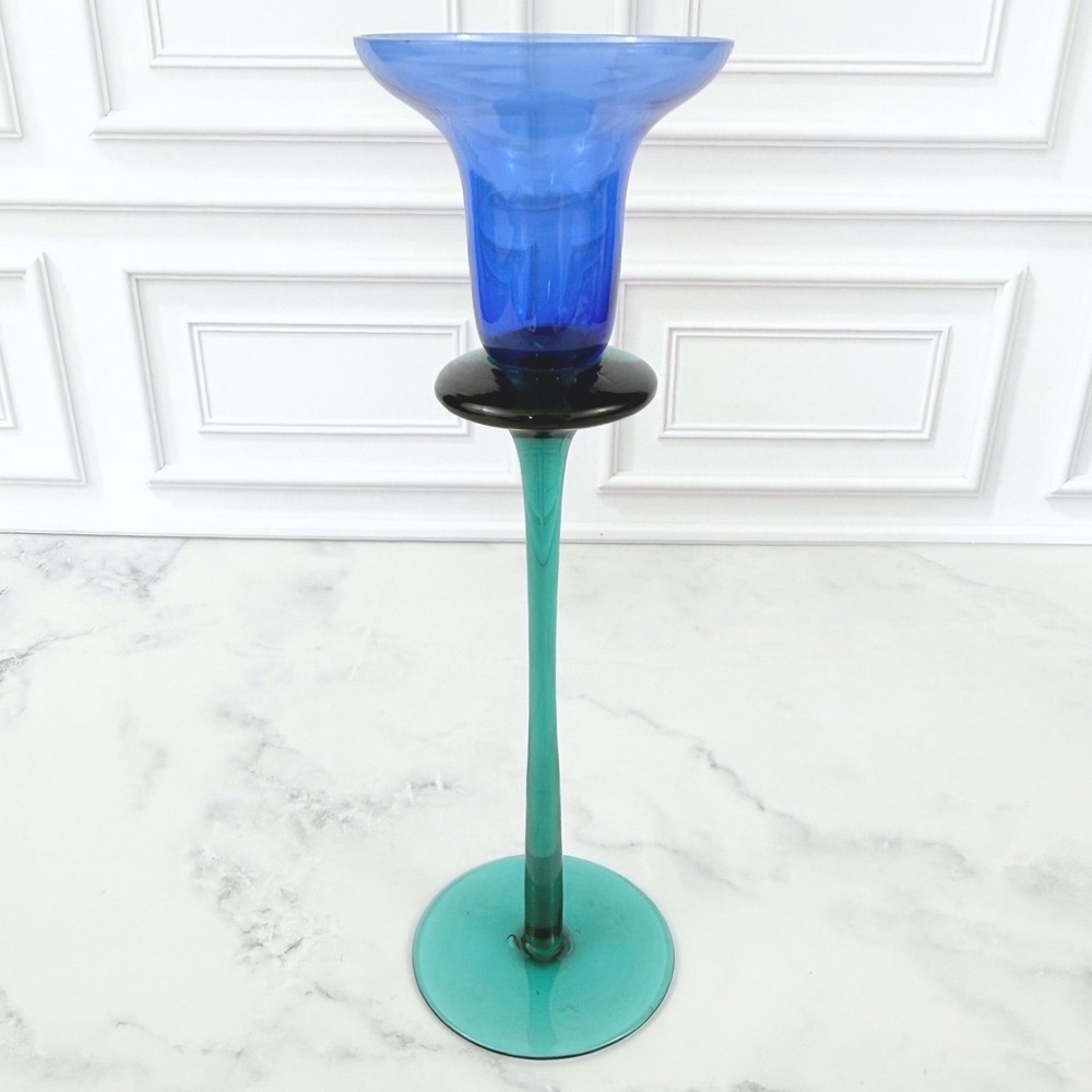 Vintage Hand Blown Glass Candlestick 9 1/4" Tall Green Stem Blue Tulip Style